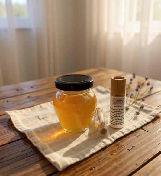Pure Honey, Wooden Twizzle and Handmade Beeswax Lip Balm in a Natural Gift Bag